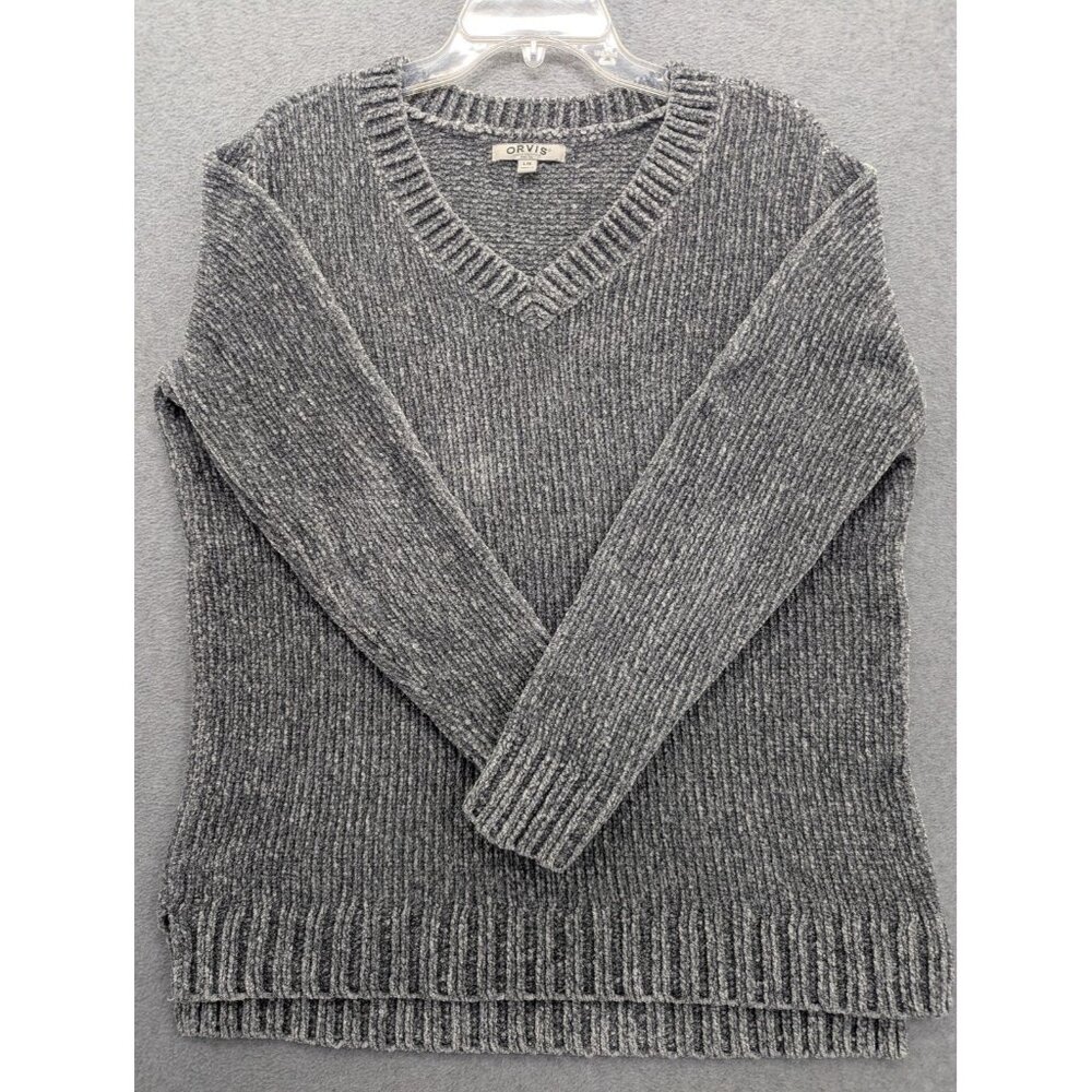 Orvis Sweater Womens Large Gray V Neck Chenille Knit Pullover Soft F20
